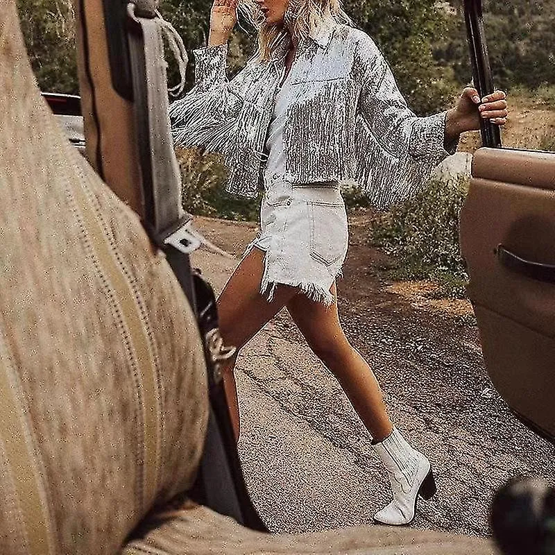 Chaqueta de lentejuelas para mujer con borla, Cardigan metalizado brillante