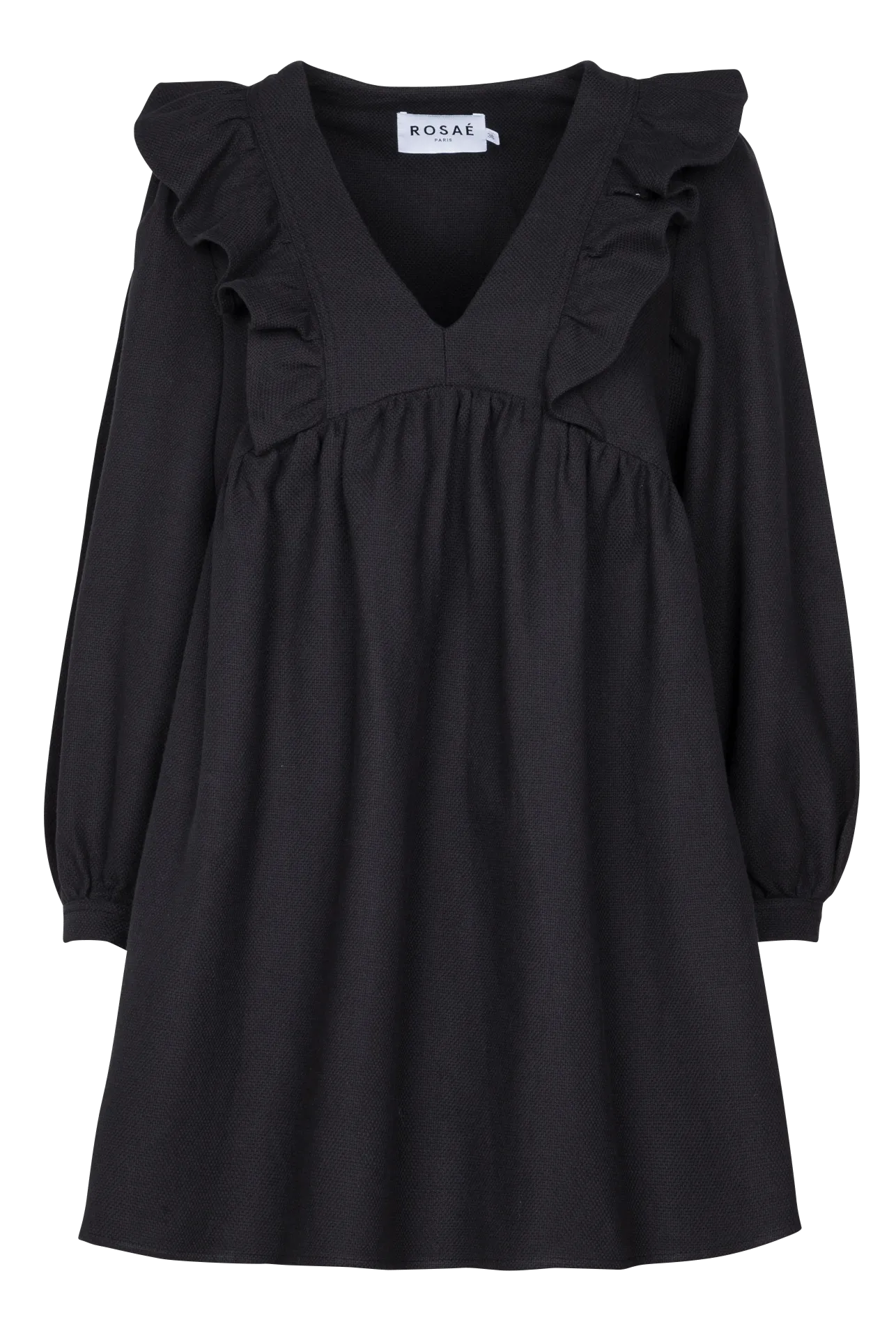 LE TUILERIES - Vestido corto de algodón con cuello de pico y volantes en negro