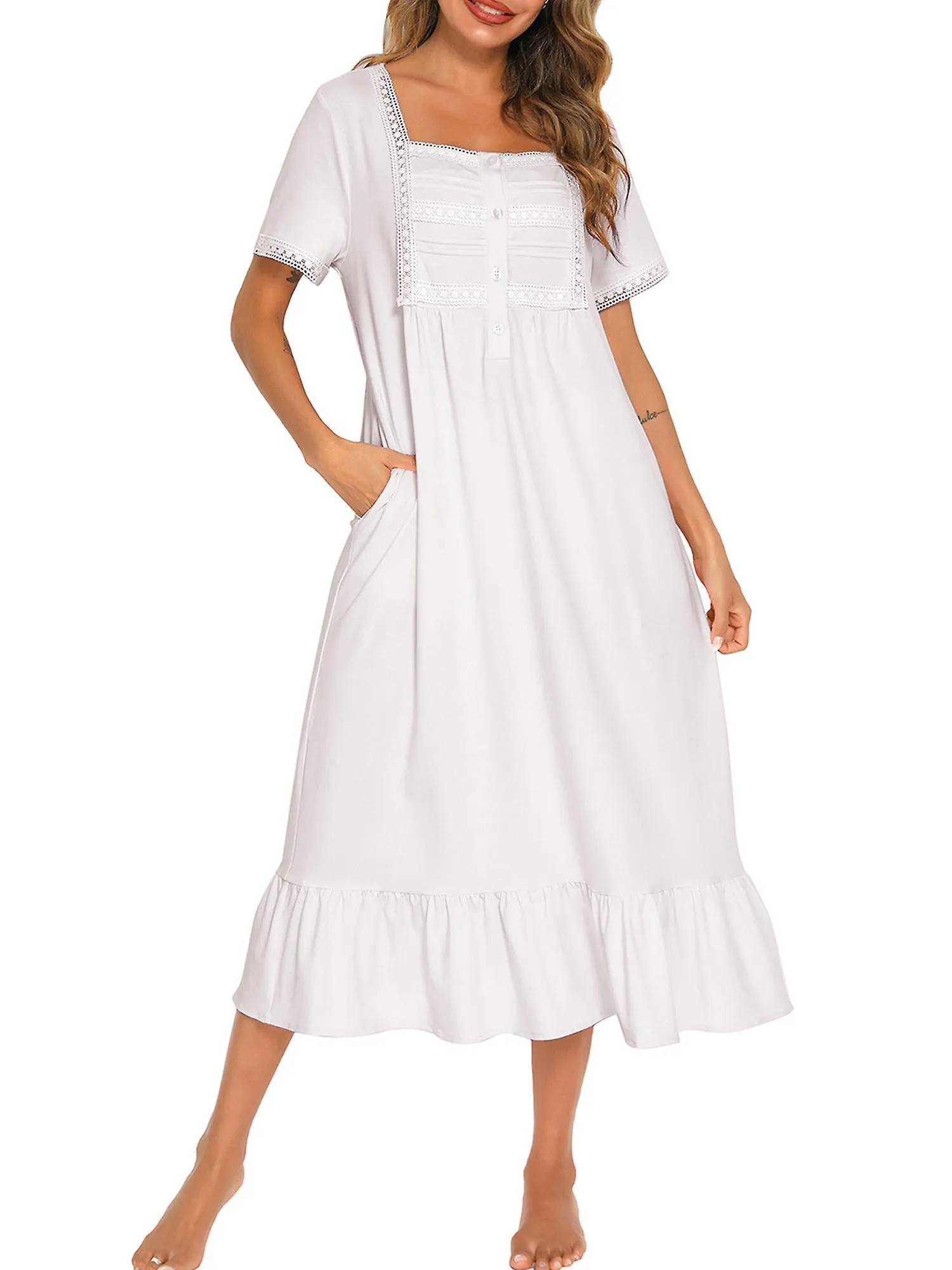 Women Lounger Dress with Pockets Lace Ruffles Short Sleeved Loose Nightgowns Sleepwear